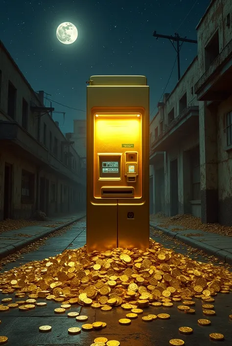 A gold cash machine surrounded by a pile of gold coins on an abandoned city street, under the night sky.