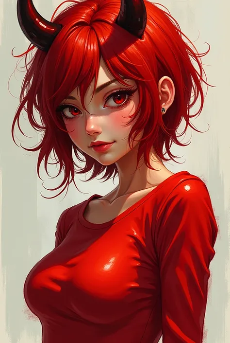 Manga, young, devil woman, shirt red hair, red skin, portrait