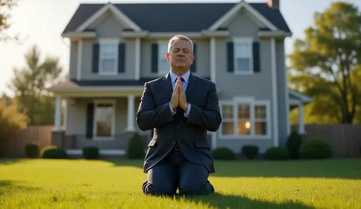 Man in modern clothes in front of a house he just bought on his knees praying to God 