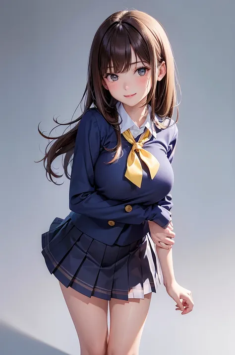 Best Quality,High resolution,8k,(plain white background, no patterns, no textures, just a plain white background:1.3),Masterpiece:1.2),beautiful girl,Big Breasts,(Shiny brown hair:1.3),messy hair,Beautiful brown eyes,Depict a Japanese high school girl. She...