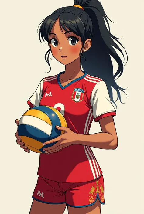 Dark-skinned girl with a Peruvian national team shirt and a volleyball in anime
