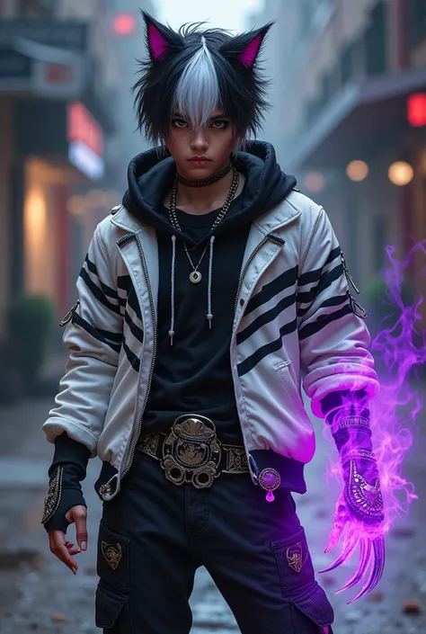 Boy age 16, latin, brown eyes, black hair bleached white mix, cat ears, white hoodie with zebra lines open, black hoodie shirt inside, black cargo pants, only wolverine right hand, violet flames, belt with a blue and red ying yang, chains around the belt, ...