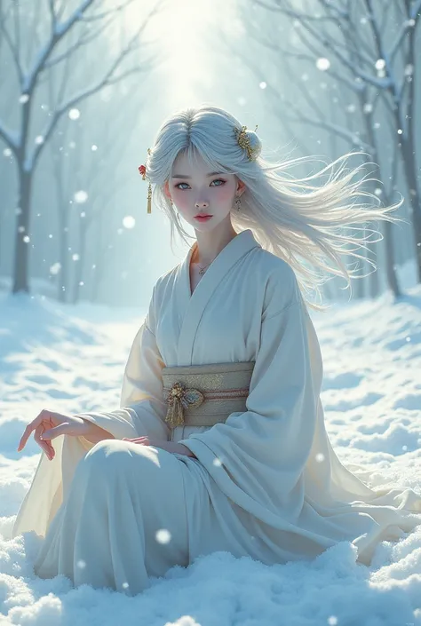 A beautiful woman with fair skin is sitting, wearing a Japanese kimono, beautiful woman in Japanese Manga, , moon, fluttering in the wind, in the middle of a snowstorm, scattered with snowflakes, in the middle of a snowstorm, Blizzard of snow, in Japanese ...