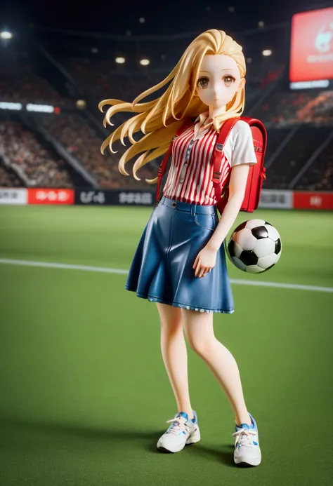 score_9, score_8_up, score_7_up, score_6_up, score_5_up, score_4_up, 3D anime figure of brown young woman, she has long straight hair (+forehead,  blonde ombre hair), wears red and black vertical striped soccer shirt, prussian-blue denim pencil mini skirt,...