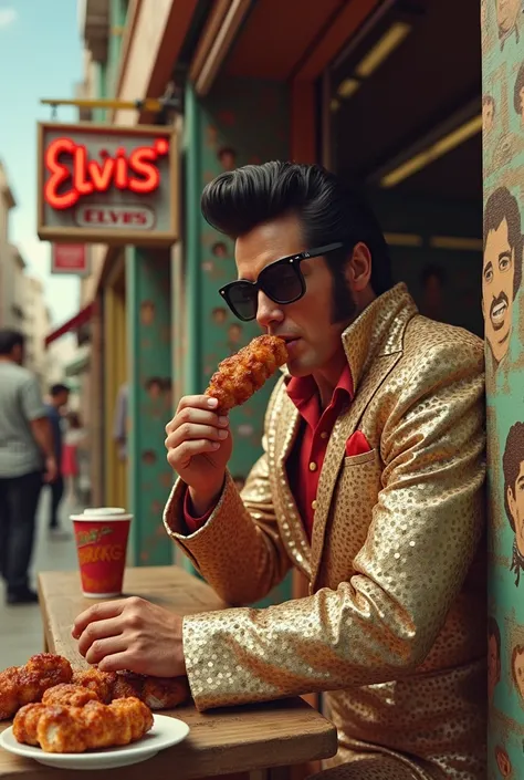 Create the elvis eating kalamaki with hand on evlis store