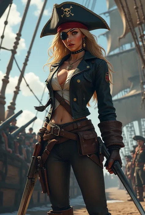 Pirate girl in pirate outfit with jacket , slim waist, wide hips  , gun holster, pirate hat and eye patch, skull and two bones in hat, holding a sword and a shotgun, in a giant pirate ship with pirate Crew,  Canon on ship, black flag 