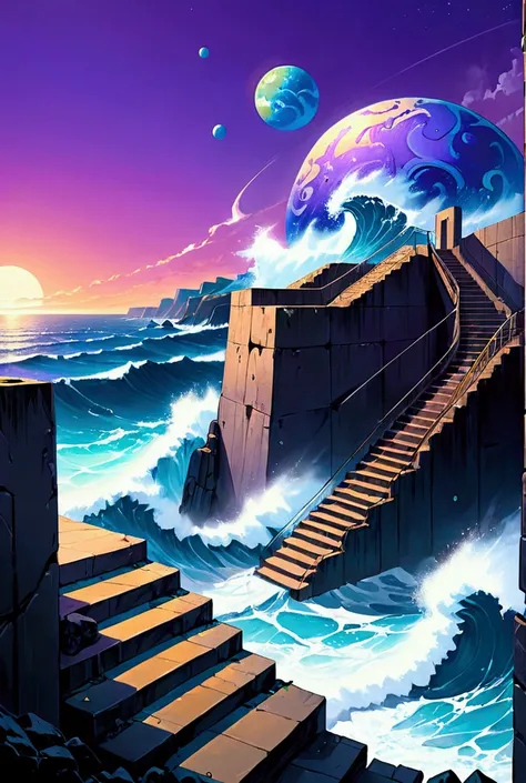 Cyberpunk style drawing, Rock wall receiving strong waves. A side staircase descending the Paredão, purple sky with a big blue planet full of craters.