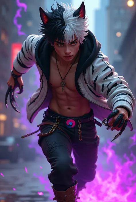 Boy age 16, latin, brown eyes, black hair bleached white mix, cat ears, white hoodie with zebra lines open, black hoodie shirt inside, black cargo pants, only wolverine claws right hand, violet flames, belt with a blue and red ying yang, chains around the ...