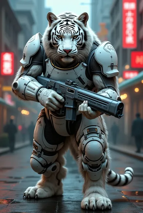 humanoid white tiger, with cyberpunk armor, aiming with machine gun, with eye patch