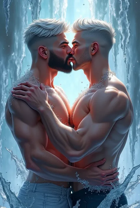 Two  silver huhk boys kiiising, , hot Pecs, sexy face, undercut Silver.hair, Beard, cristal of de Ice around of The body  