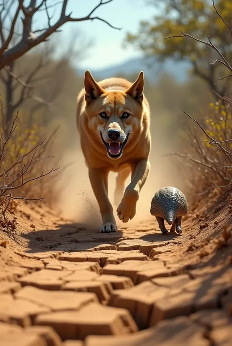 An image of a dog chasing an armadillo in the middle of a drought and caatinga vegetation ((best quality))
