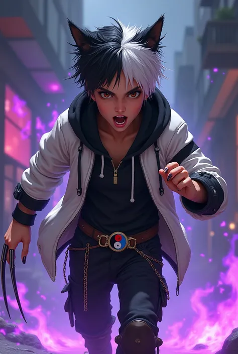 Boy age 16, latin, brown eyes, black hair bleached white mix, cat ears, white hoodie with zebra lines open, black hoodie shirt inside, black cargo pants, only wolverine claws right hand, violet flames, belt with a blue and red ying yang, chains around the ...