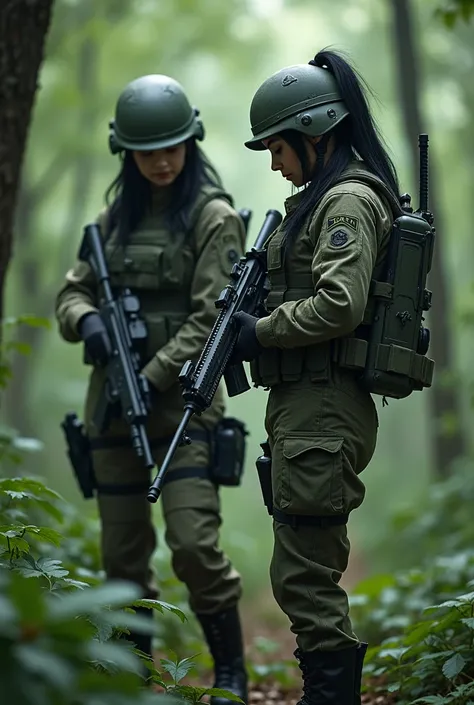 (masterpiece), 4K,{{{2 women}}}, Black Hair,helmet,boots,Random Hairstyles,((Sniper )),rifle,Shoot in the back,Camouflage military uniform,skirt,In the woods,((顔を下に向けたSniper)),White panties