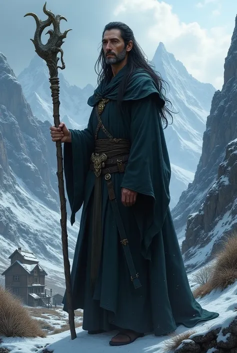 Half-elf wizard in his 40s, with long dark hair and a deceptively kind face, in dark fantasy aesthetics, presenting himself as the leader of a community in the mountains