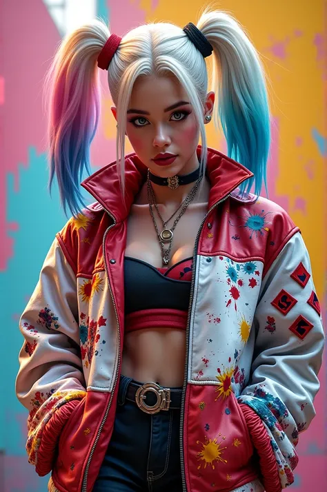 Create an image for a very colorful white Harley Quinn jacket 
