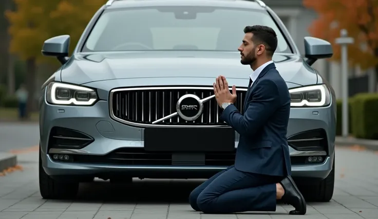 Man in modern clothes in front of a car he just bought on his knees praying to God 