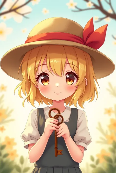 blond anime girl with sammer hat holding keys