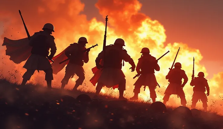 Create a banner saying “tufts gods of war”, the background needs to be a silhouette of soldiers war scene with explosions and fire in background