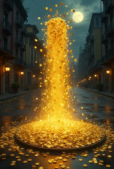 An impressive fountain of gold coins spewing out of a manhole, in an abandoned city street, under a moonless night sky.