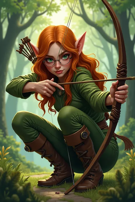 (masterpiece, top quality), high definition, artistic composition, 1 female, elf, orange wavy hair, freckles, round glasses, nasty face, squatting, archer, big bow, green clothes, fantasy, in forest, picking something, hunter