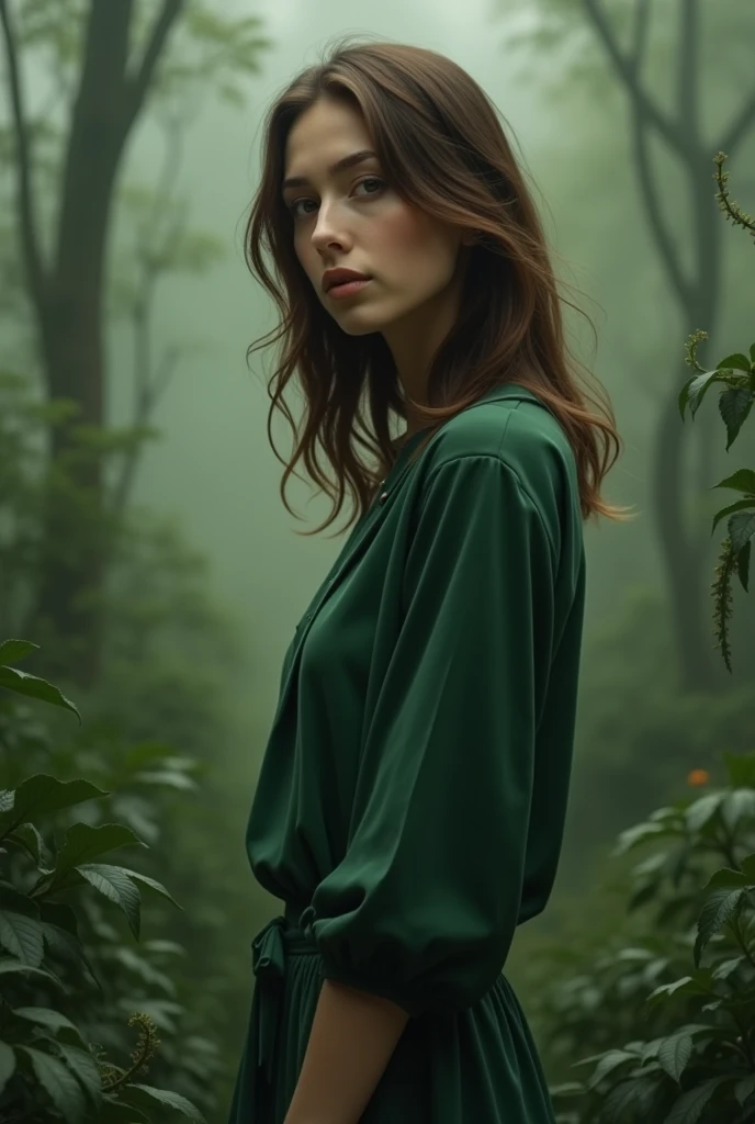 Brown haired woman in green monochromatic clothing 