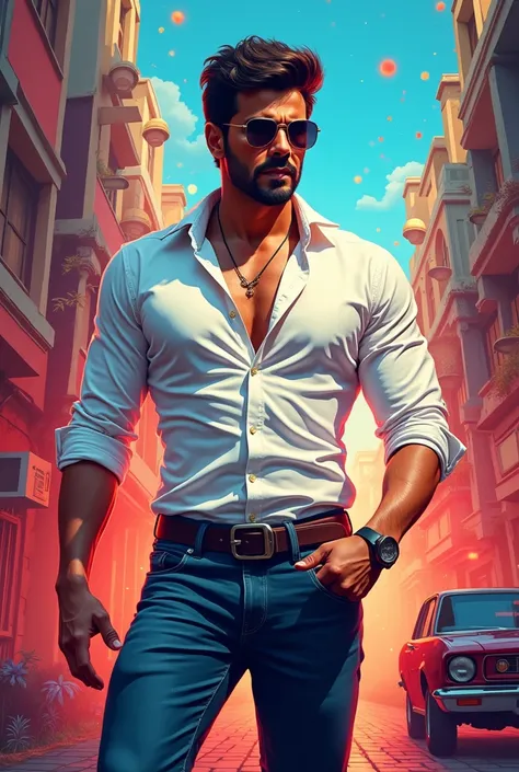 An illustrated Bollywood style Music video  solo poster of a gangster protagonist wearing a shirt and jeans 