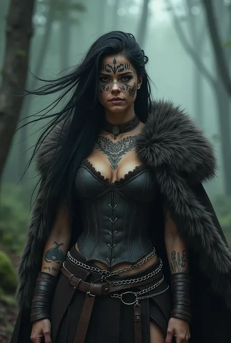 fury beautifull  black  hair female viking warrior with black battle make up , tattoo over face, leather corset with metal chains fog forest backgraund, huge fur on sholders, big tits 