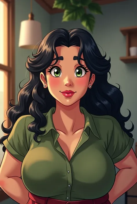 Fat woman with long curly black hair with some white strands, greenish brown eyes, full, rounded face and prominent nose in anime style