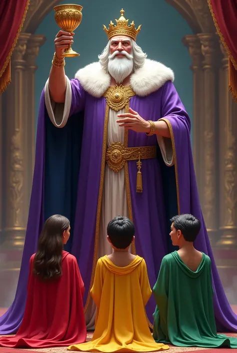 A purple king and a person at his feet wearing colored clothing, one red, one yellow and one green. The colors must be different people and the king raises a cup.