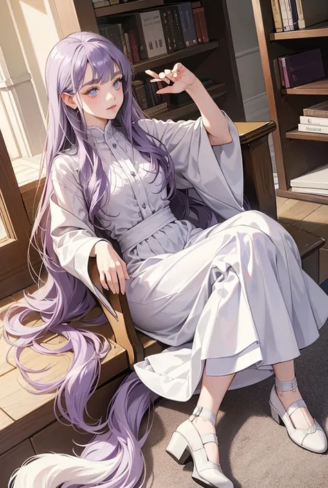 the library, young woman, long purple hair with white tips, silver eyes with cat-like pupils, white ears and tail of a fox, In the hands of a book, sneaks, shows the sign of silence, puff sleeve shirt, long skirt jumpsuit, shoes