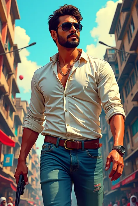 An illustrated Bollywood style Music video  solo poster of a middle class gangster protagonist wearing a shirt and jeans 