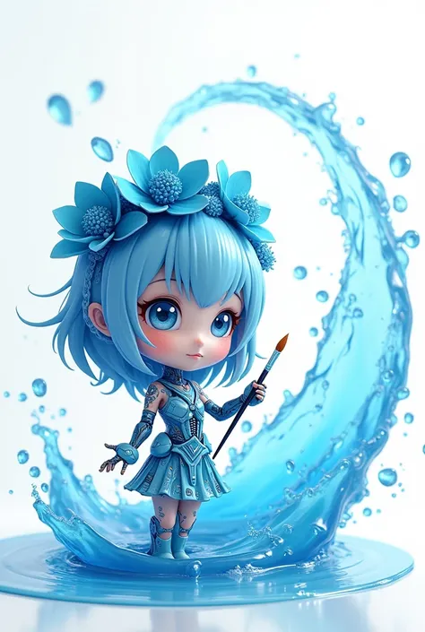 A cute chibi style, biocybernetic half mechanical blue water spirit, dressed in clothes made of sea water, with a crown of digital-mechanical seawater blue flowers on her head. She is barefoot and holds a mechanical brush in her left hand., with the right ...