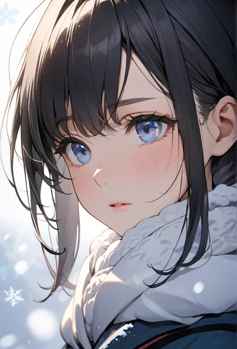 Upper body close-up（((masterpiece), on) " Perfect face, short black hair, beautiful eyes, Japanese, clean facial features, her cheeks flushed from the cold, visible white breath as she gazes at him during the confession. In the subtle background, snowflake...