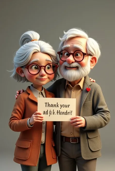 traditional couple of old adults holding a sign saying "Thanks Mr Hendri", pixar style, 3d render, old fashioned, silver hair and glasses, sepia color tones, love in the air, aging together, old man and old woman, grandparents, (masterpiece), best quality,...