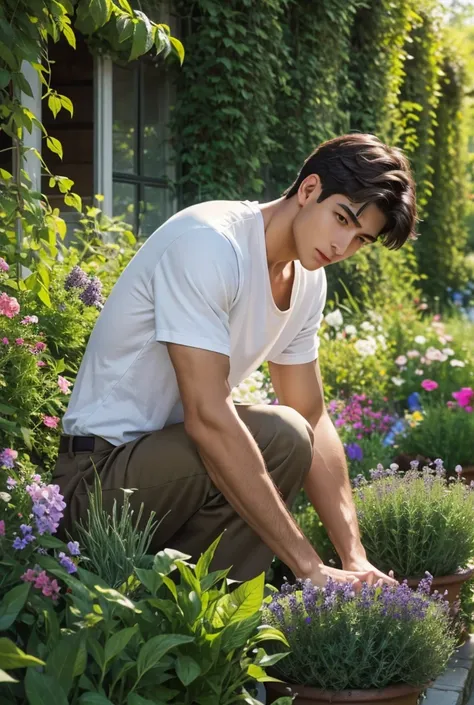 uhd, a tall, lean man with well-defined muscles kneels in a small herb garden, his hands gently brushing over fresh rosemary and...