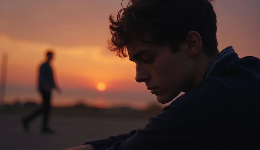 A somber, emotional scene with a close-up of a young man, sitting alone on a bench at sunset. His face shows deep sadness, looking down as if lost in thought, with tear-filled eyes. In the background, the fading light of the sunset reflects the melancholy ...