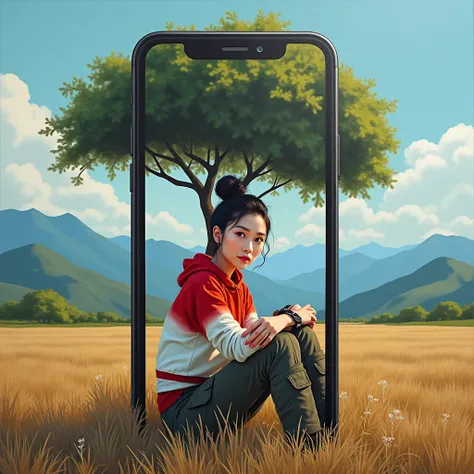 Conceptual photorealistic cinematic acrylic painting of i phone 14 mobile phone. Pro from inside the phone screen with a woman and an African tree in it, the phone screen has a beautiful Indonesian woman with smooth white skin, a perfectly groomed face, he...