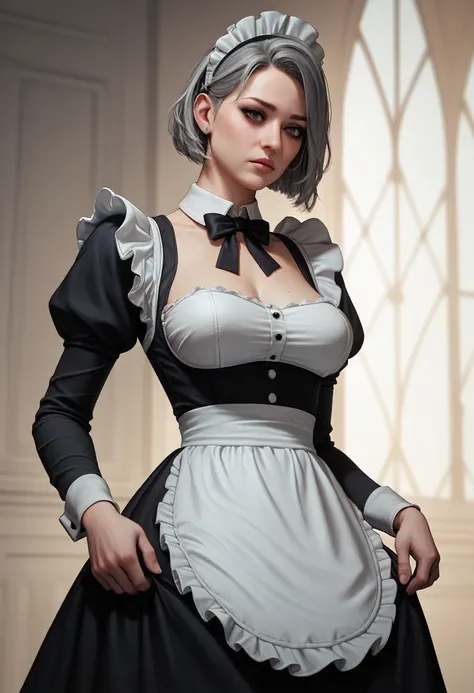 masterpiece, best quality, highres, absurdres, 8k, 4k, official art,, , (flat_color:0.9),, , 1girl, large_breasts, maid uniform, Grey hair, , ,  