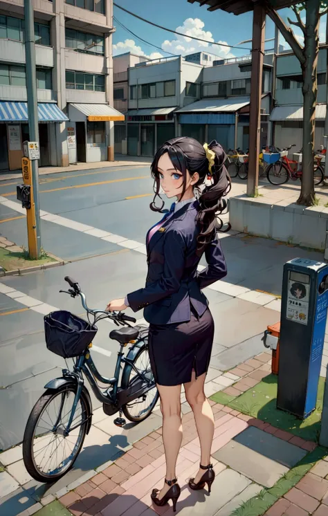 realistic anime illustration of young woman is going home, bicycle park lots, she has black long curly hair (+forehead, one side up on head s back), wearing navy-blue blazer, pink shirt with navy-blue necktie, navy-blue pencil skirt, black heels, ((masterp...