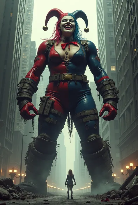 Harley Quinn reimagined as a giant maniacally laughing as she stomps through the streets of Gotham. Her clothes were ripped an torn when she grew to giant size, and only scraps of fabric remain.