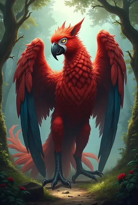 Generate an AI image of a mythical creature that is a combination of a giant red macaw and a monster fox 