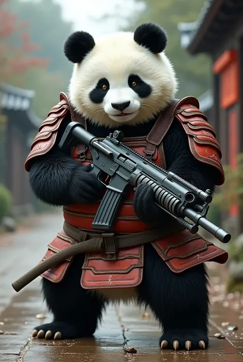 humanoid panda bear, warrior with Japanese armor, with machine gun, with a timid face