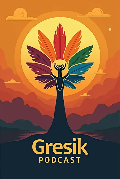 A logo design for a podcast focusing on Gresiks traditional culture, featuring nine-colored wings. The wings should represent diversity and inclusivity, with each color symbolizing different aspects of the communitys cultural heritage. The central part of ...