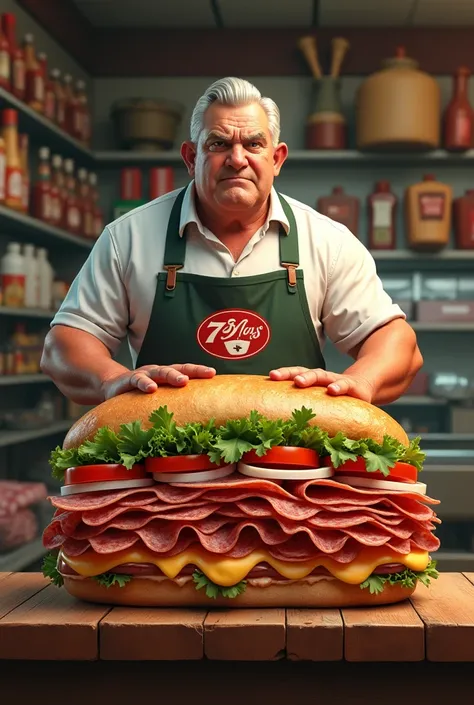 A photo of a huge Italian hoagie with layers of meat, cheese, and veggies,original, Angry deli dude is a middle aged 7 days logo that works at a deli making sandwiches 