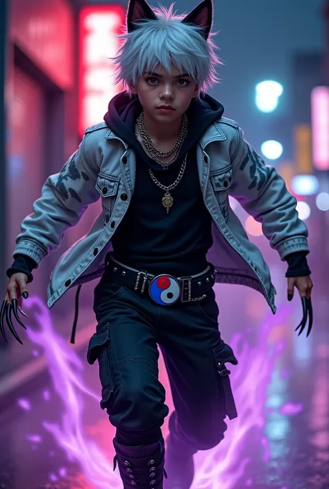 Boy age 16, latin, brown eyes, black hair bleached white mixed visual kei, cat ears, zebra animalprint hoodie white open, black hoodie shirt inside, black cargo pants, only wolverine claws the right hand, violet flames, belt with a blue and red ying yang, ...