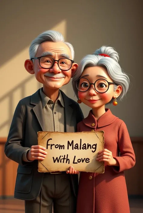 traditional couple of old adults holding a sign saying "From Malang with love", pixar style, 3d render, old fashioned, silver hair and glasses, sepia color tones, love in the air, aging together, old man and old woman, grandparents, (masterpiece), look at ...