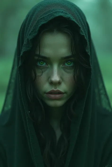 A woman who only sees her shadow and we see only her green eyes looking ahead.
