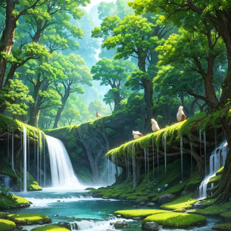 Viral anime nature wallpaper in 4K quality, in the style of digital illustration inspired by Hayao Miyazaki, featuring a serene forest with towering ancient trees, dappled sunlight filtering through the leaves, a gentle stream flowing through the scene, an...