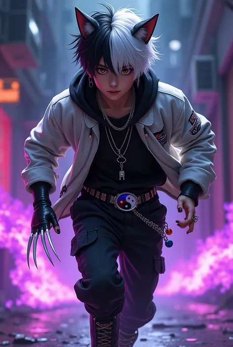 Boy age 16, latin, brown eyes, black hair bleached white mixed visual kei, cat ears, zebra animalprint hoodie white open, black hoodie shirt inside, black cargo pants, only wolverine claws the right hand, violet flames, belt with a blue and red ying yang, ...