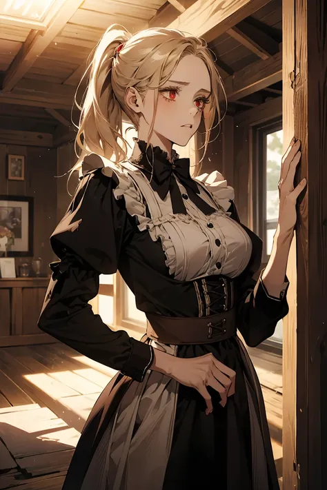 "(masterpiece, high resolution:1.3), Close up, A one blonde-haired woman with pony tail and red eyes, sad gently. She is dressed in an old, tattered maid outfit, standing in an ancient, worn-down house. The house features wooden beams and stone walls, dust...